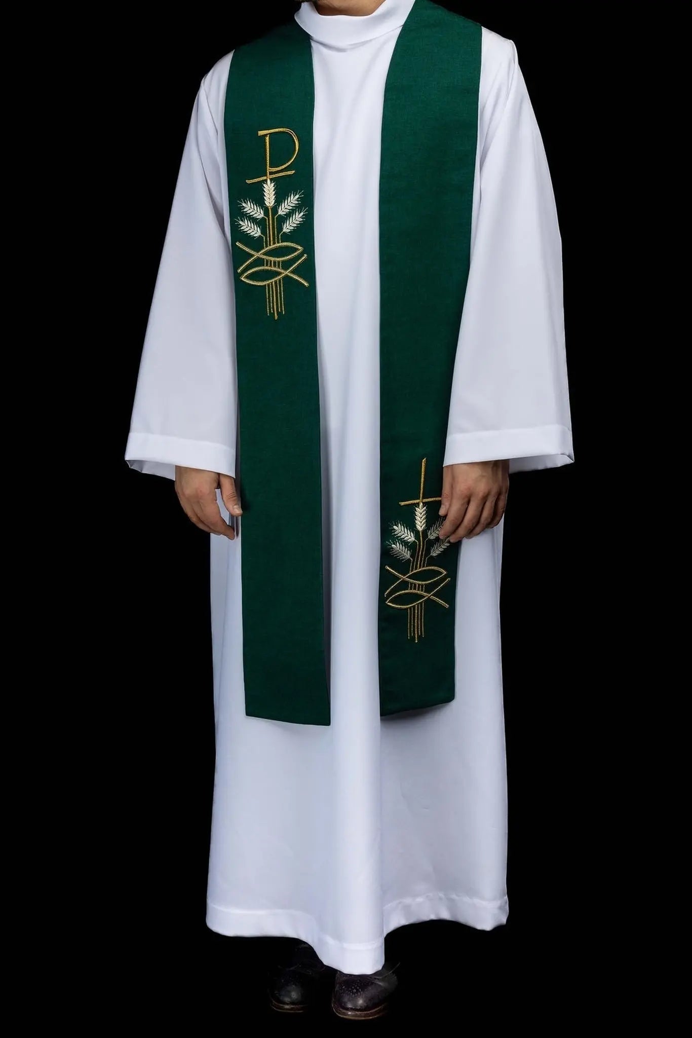 Green Stole with Pax Fish and Wheat Embroidery - HAFTINA ATELIER