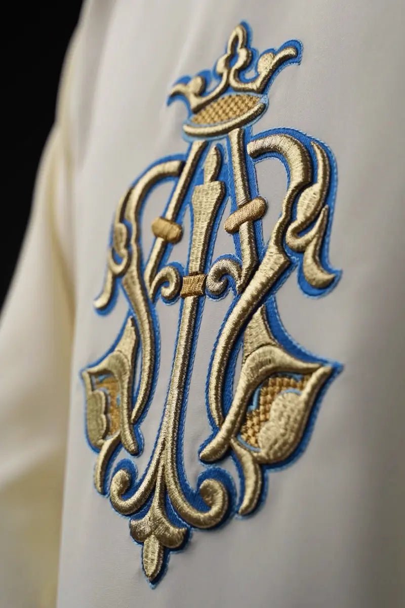 Embroidered Ecru Chasuble with Marian Symbol and Wide Collar