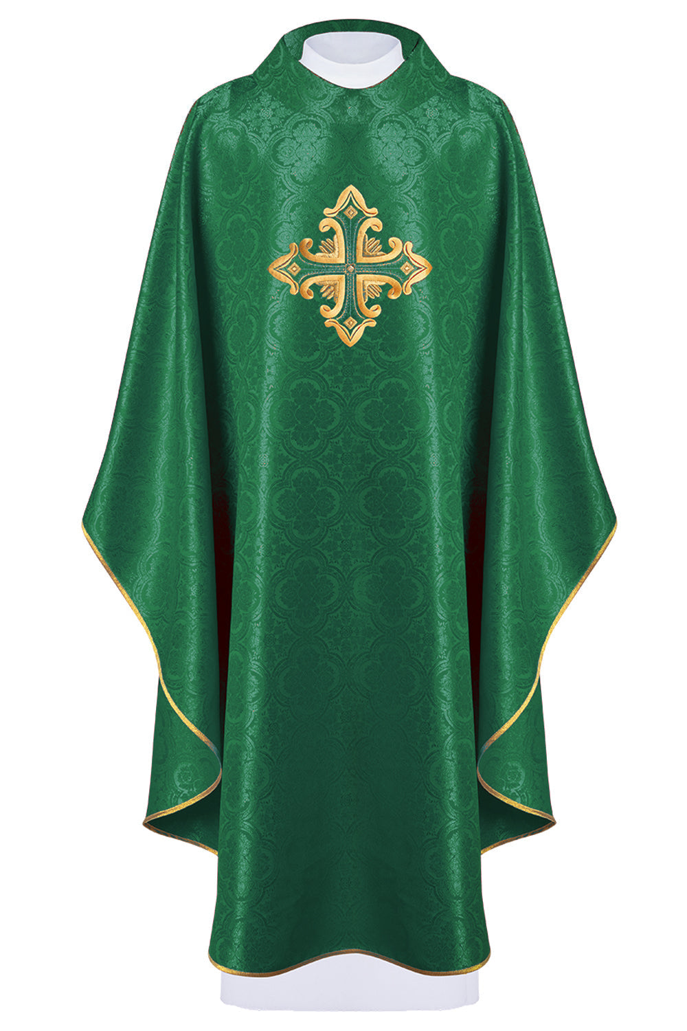 Green chasuble with cross sewn from patterned fabric