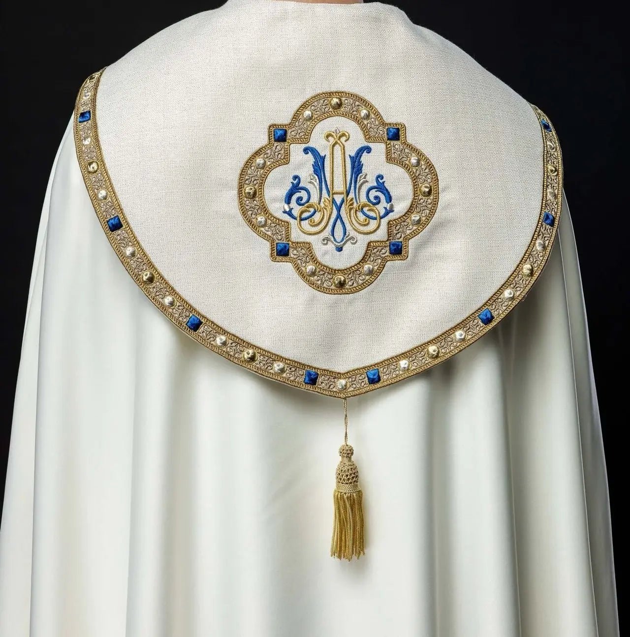 Liturgical Cope with Embroidered Marian Emblem – Ecru