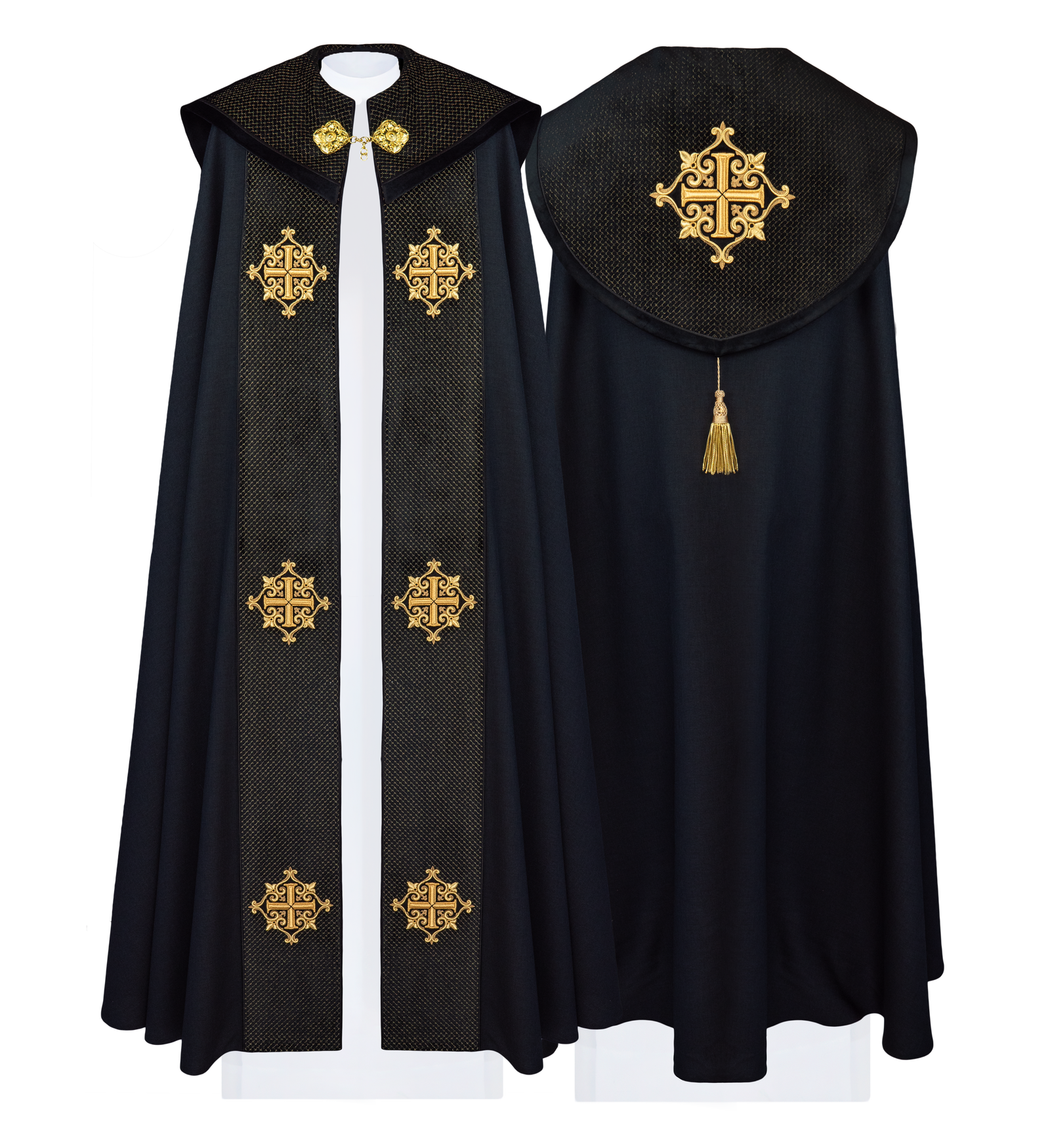 Kapa liturgiczna z aksamitnym czarnym pasem i haftem krzyży - ORNATY.PL