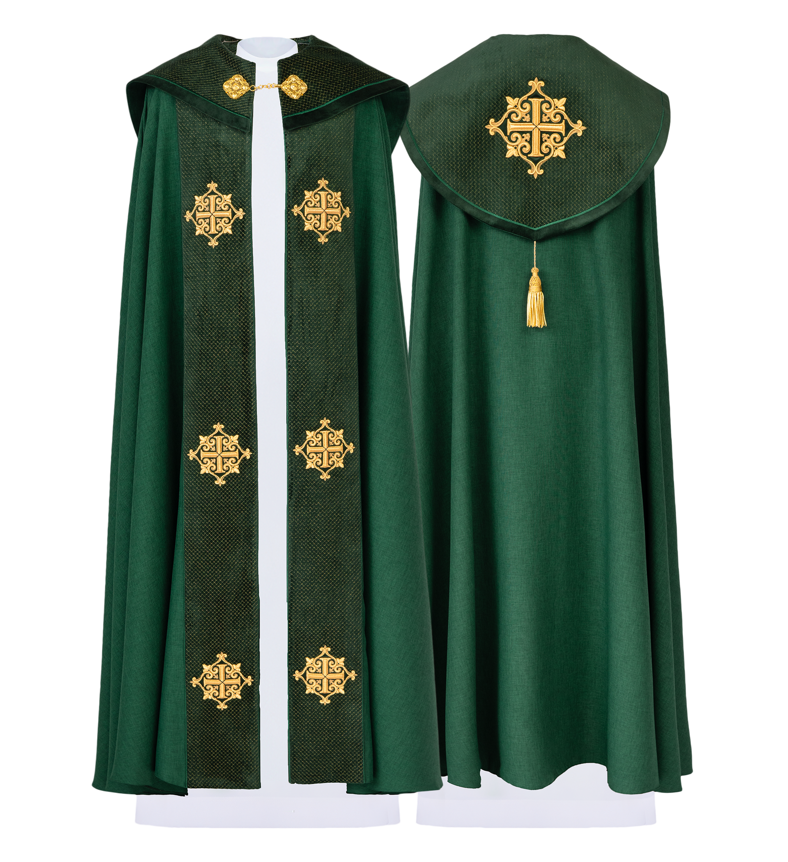 Kapa liturgiczna z aksamitnym zielonym pasem i haftem krzyży - ORNATY.PL
