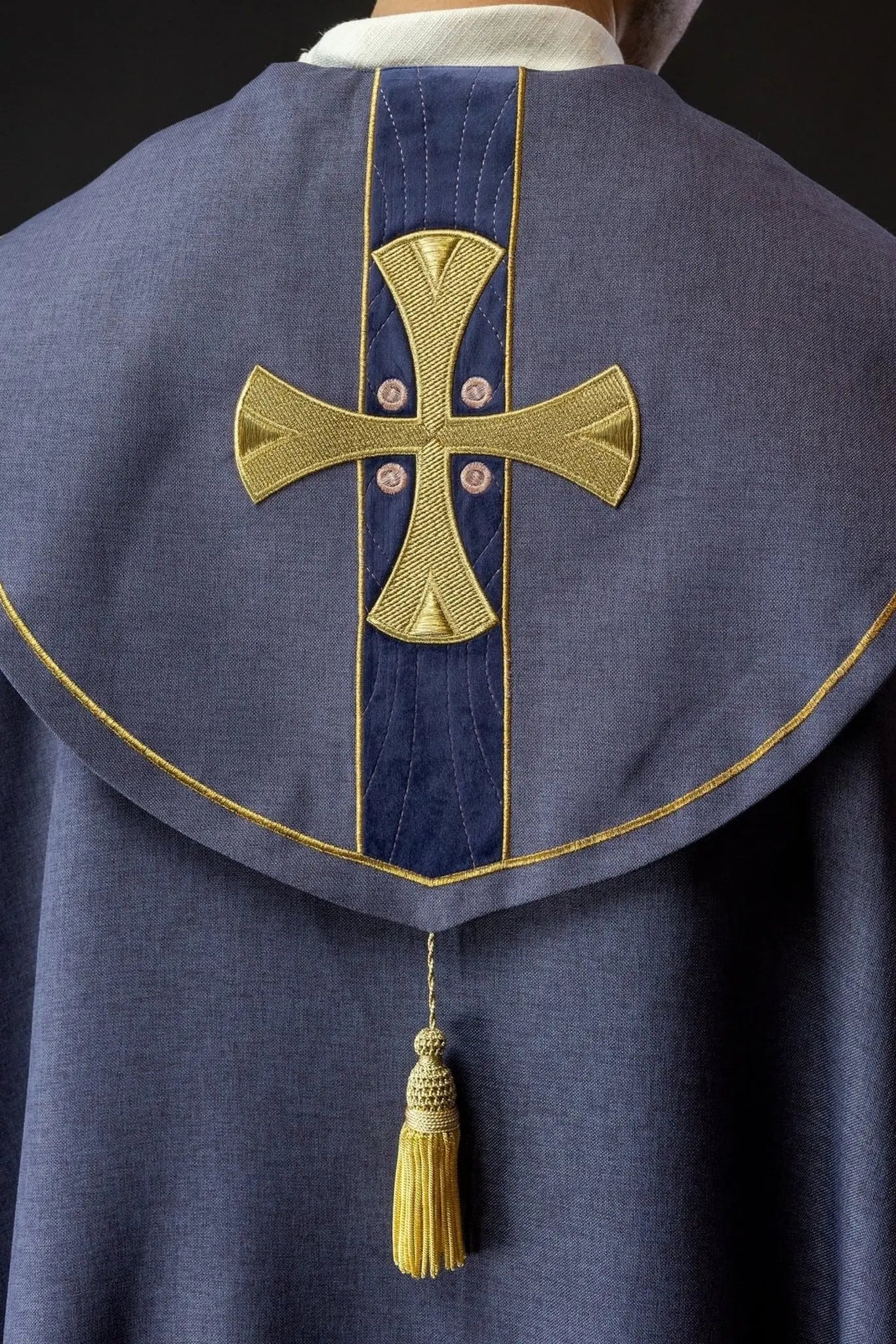 Liturgical Cope with Gold Embroidered Crosses and Purple Velvet Collar