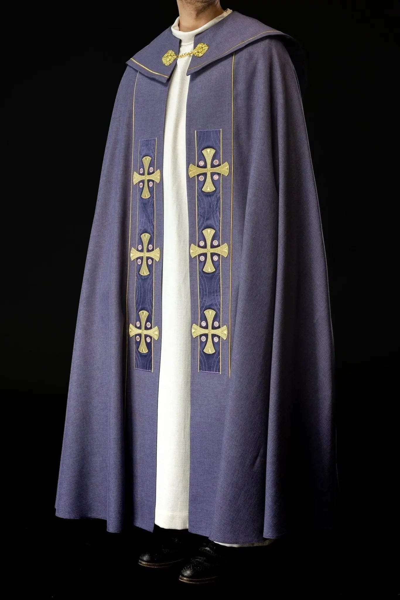 Liturgical Cope with Gold Embroidered Crosses and Purple Velvet Collar