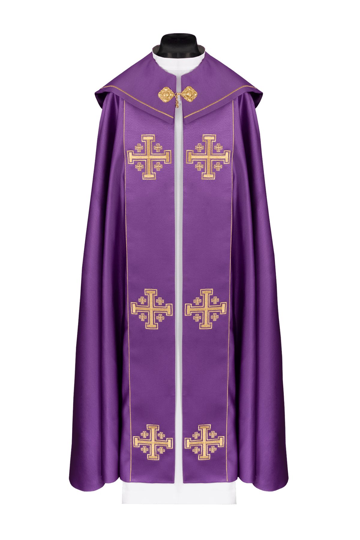 Purple cope with embroidered crosses and an orphrey, front view