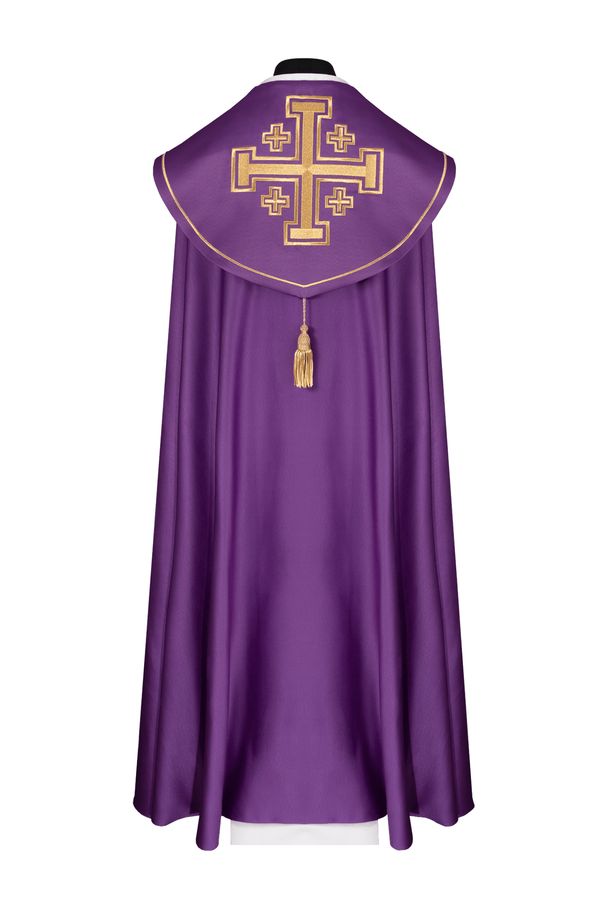 Purple cope with a large embroidered cross, back view