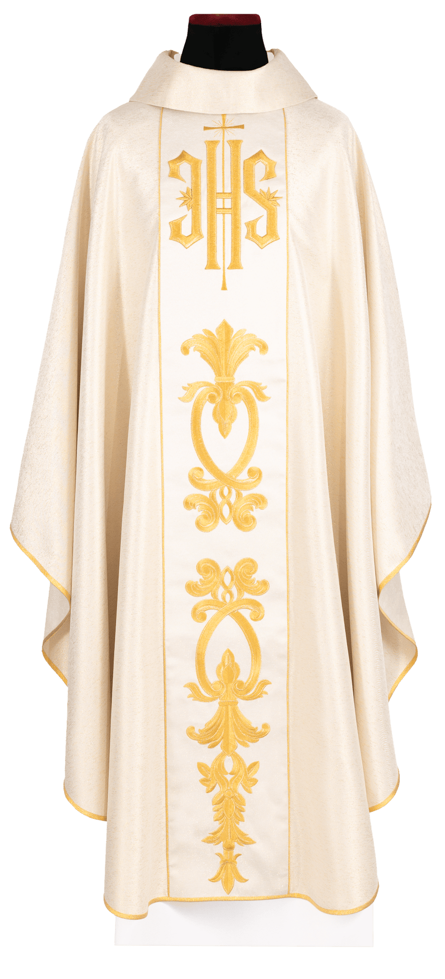 White Chasuble for Ordinary Time with Gold IHS Embroidery, front view