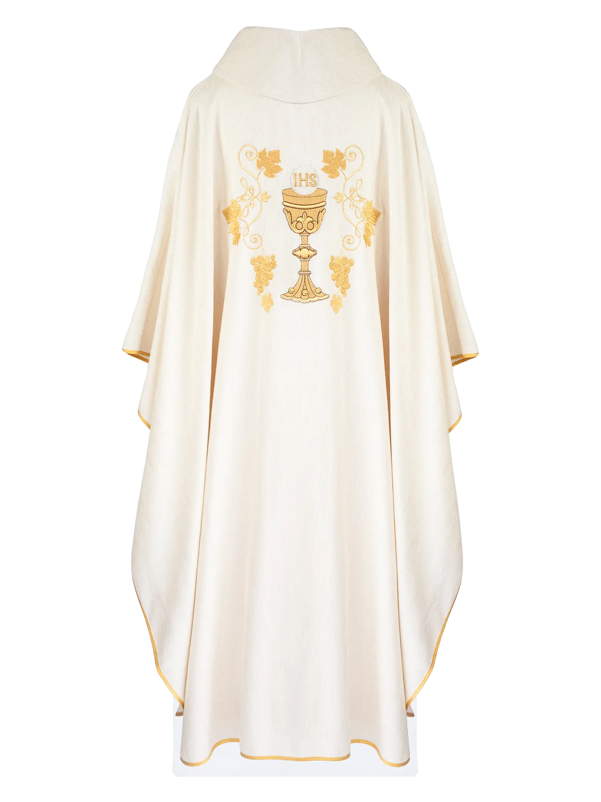 Ecru chasuble with chalice and vine embroidery, back view