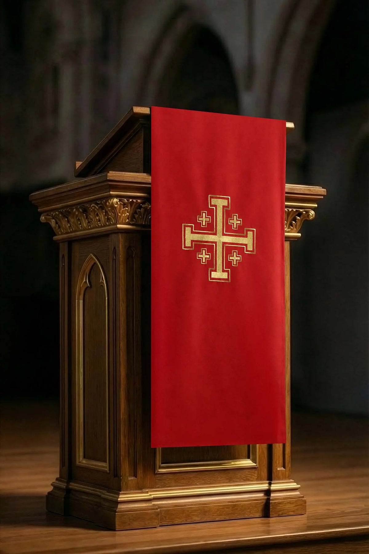 Red Church Lectern Cover for Palm Sunday with Jerusalem Cross Embroidery, front view