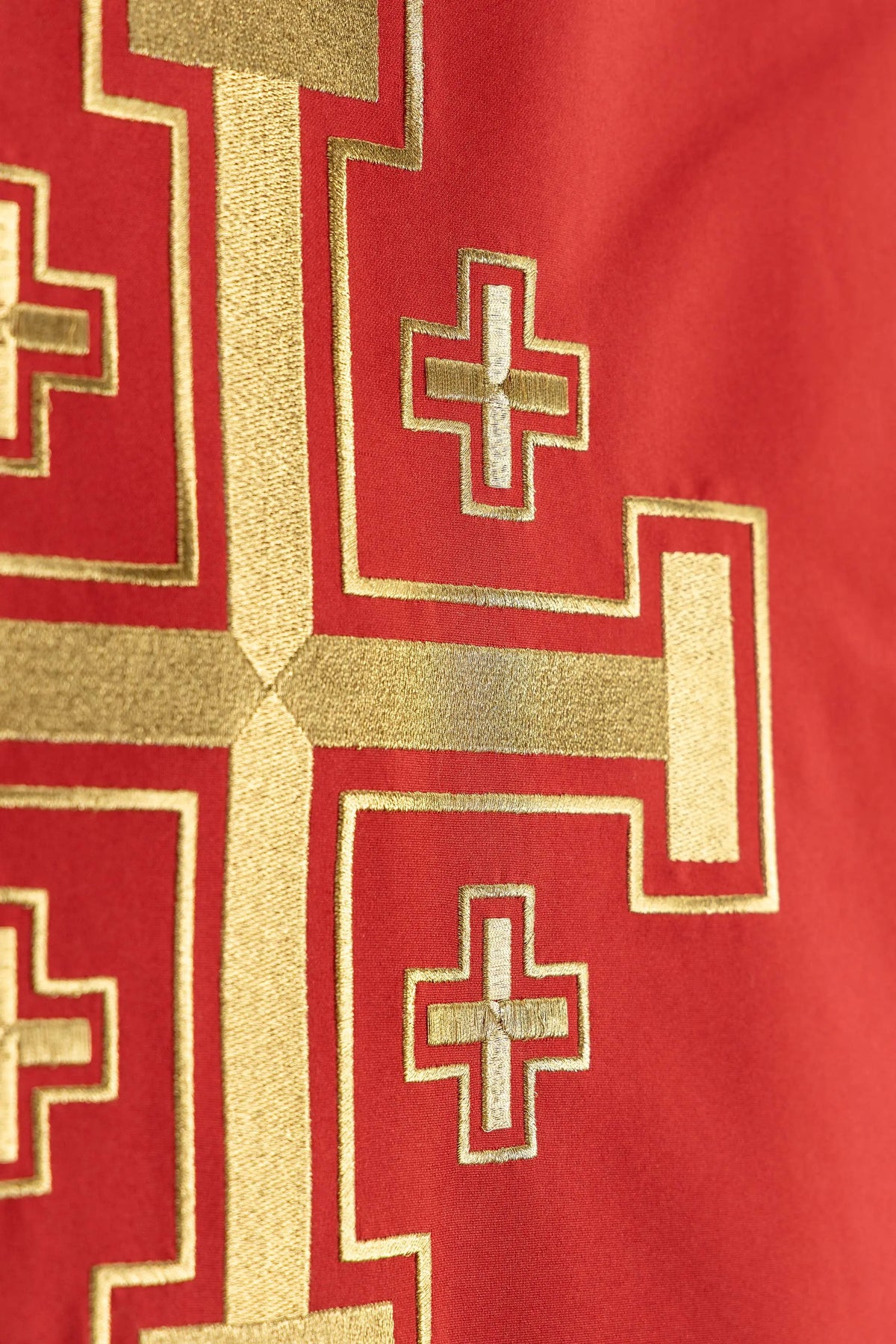 Red lectern cover with Jerusalem Cross embroidery, right detail view