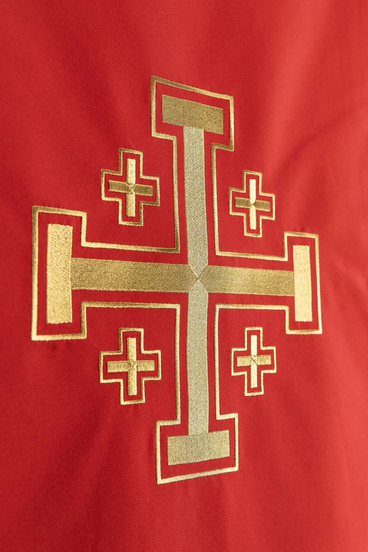 Red lectern cover with Jerusalem Cross embroidery, full embroidery view