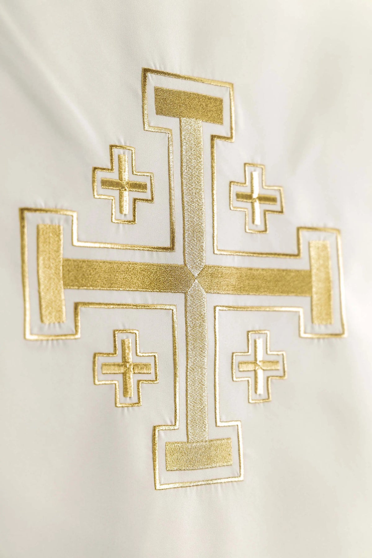 Ecru lectern cover with gold Jerusalem cross embroidery, close-up view