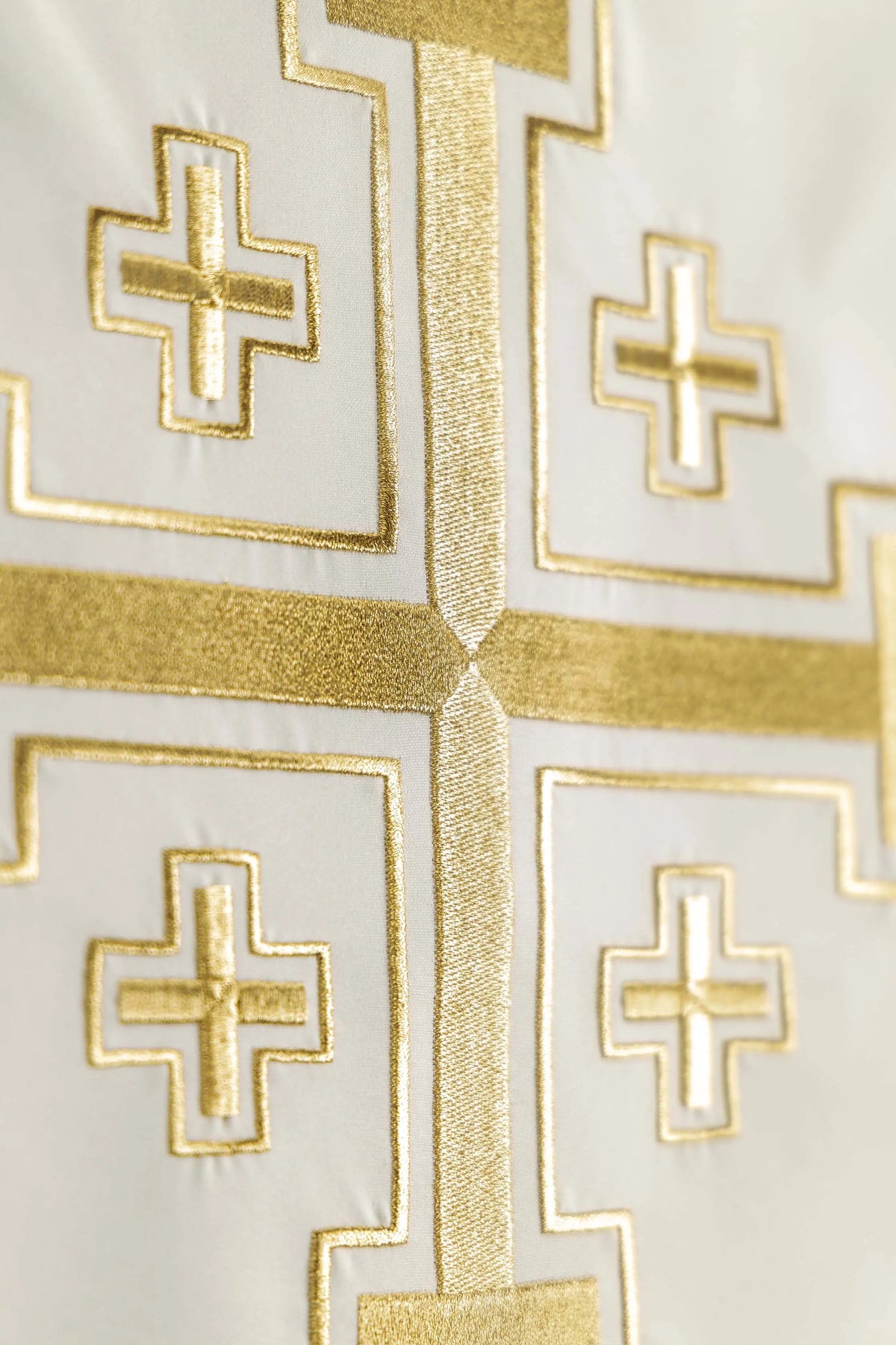 Ecru lectern cover with gold cross and four smaller crosses, detail view