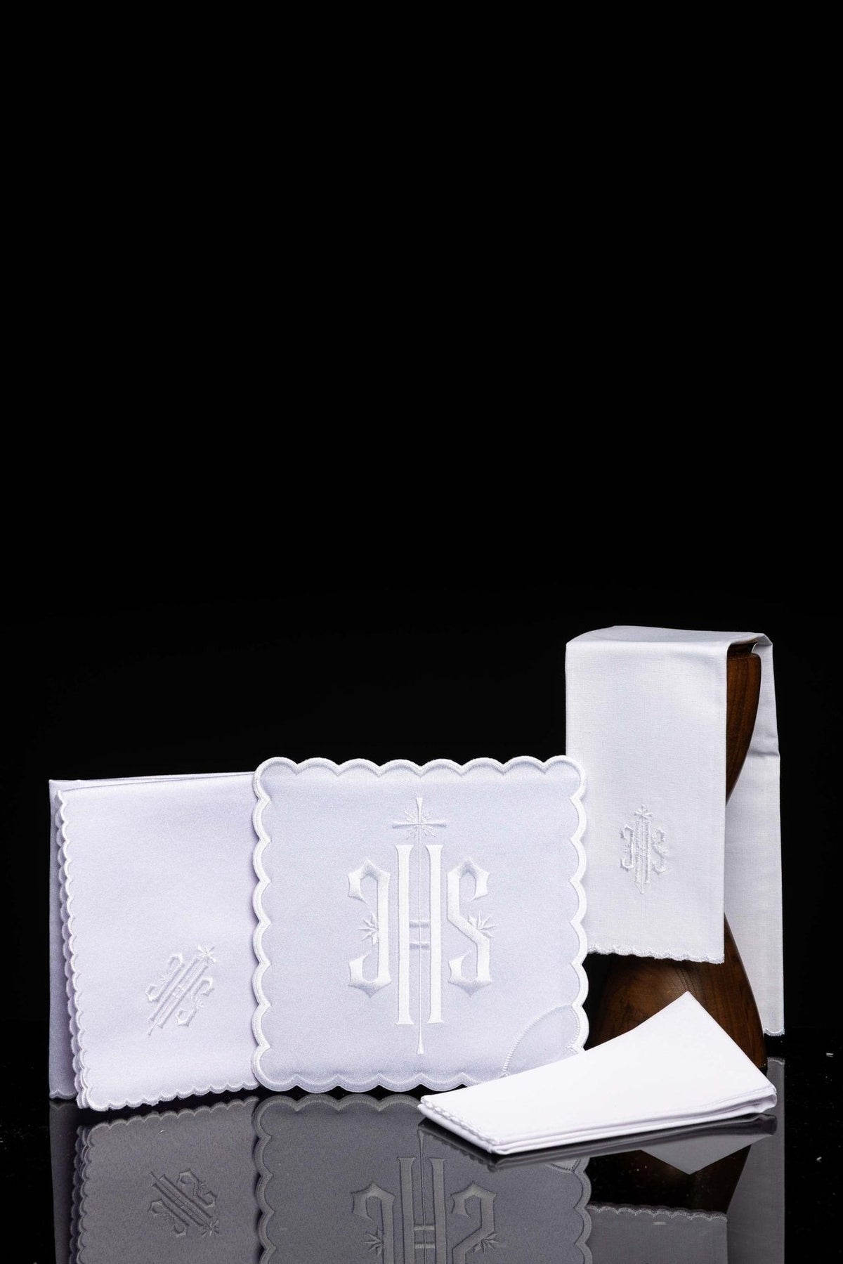 White altar linen set for white celebrations with IHS embroidery, full set view