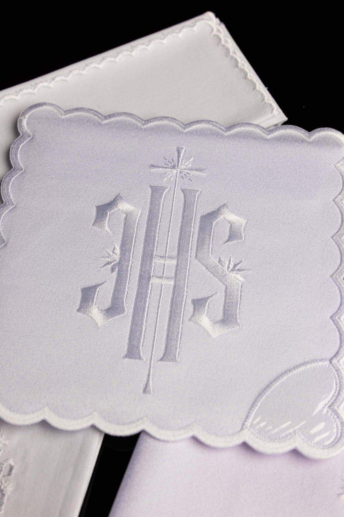 White altar linen set with IHS embroidery, front close-up