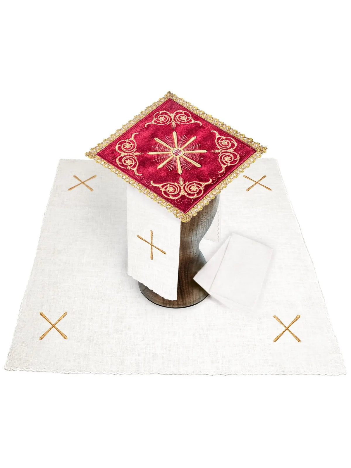 Red velvet altar linen set with embroidered Eucharistic motif, set view