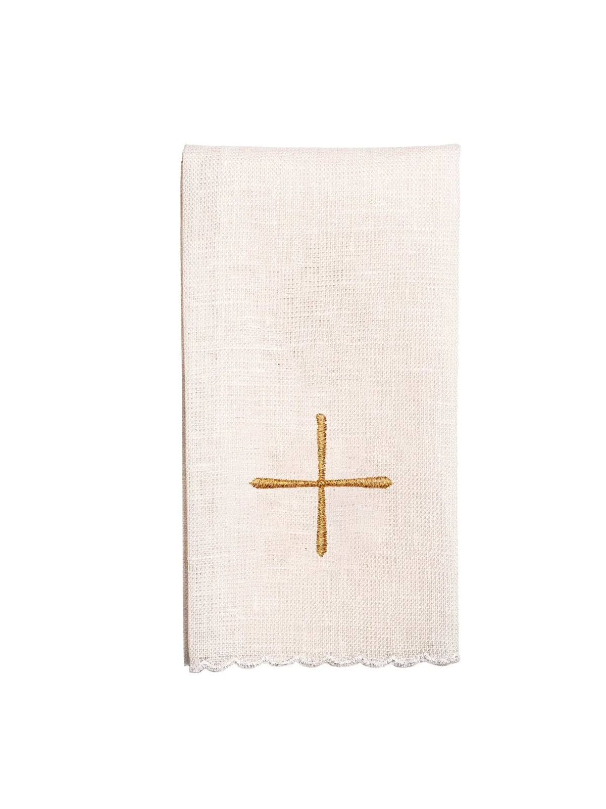 White altar linen with embroidered cross, front view