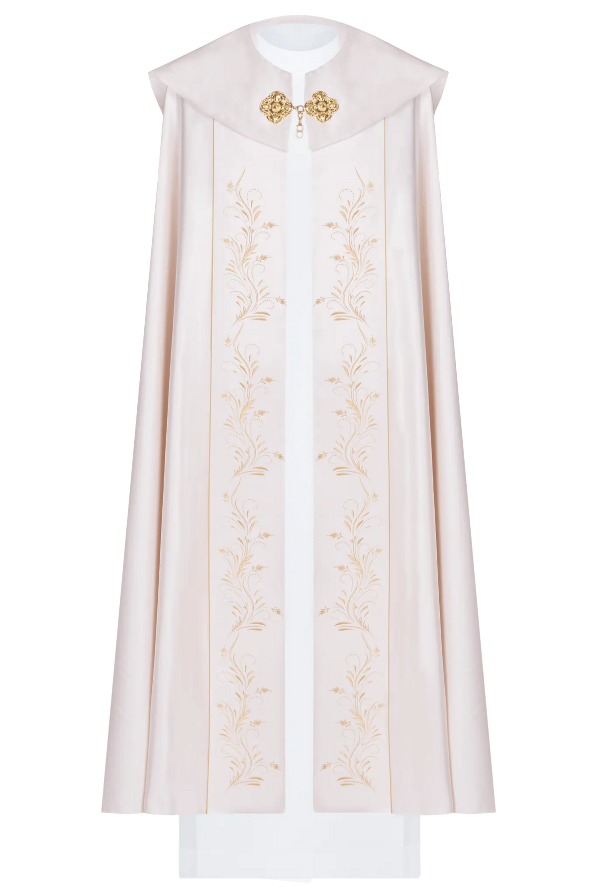 Ecru Eucharistic cope with floral embroidery, front view