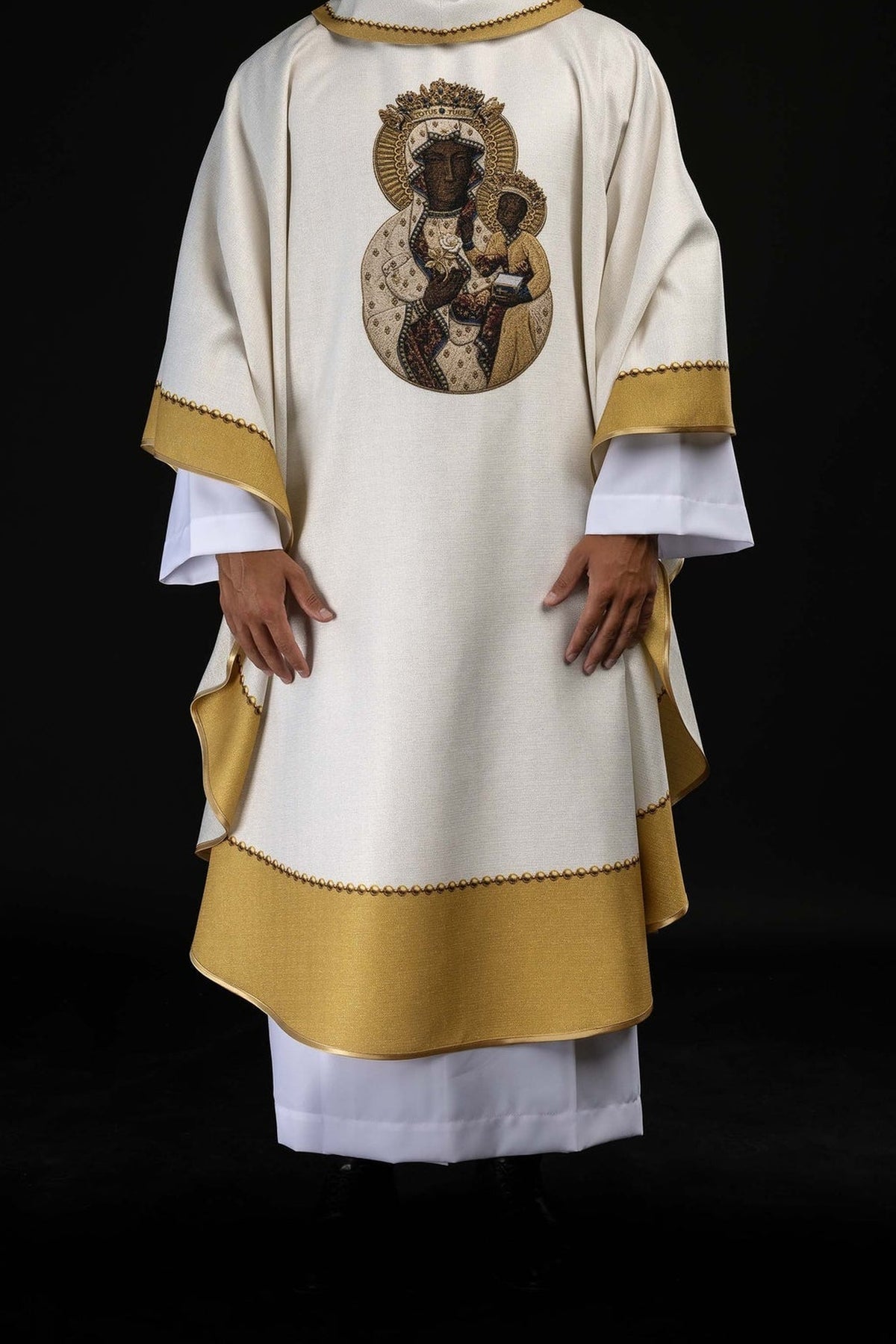 White chasuble with Our Lady of Częstochowa, full front view