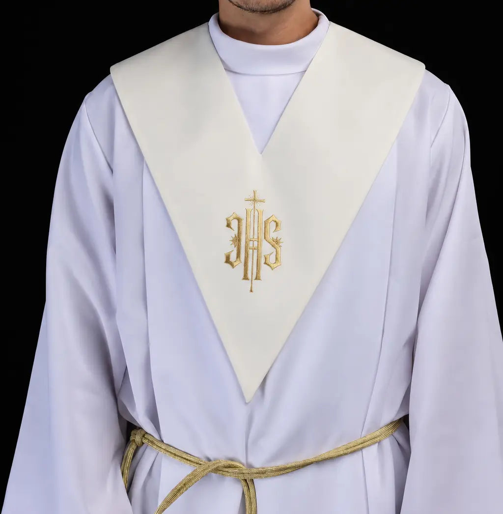 Ecru lector's scapular with IHS Christogram embroidery, upper front view