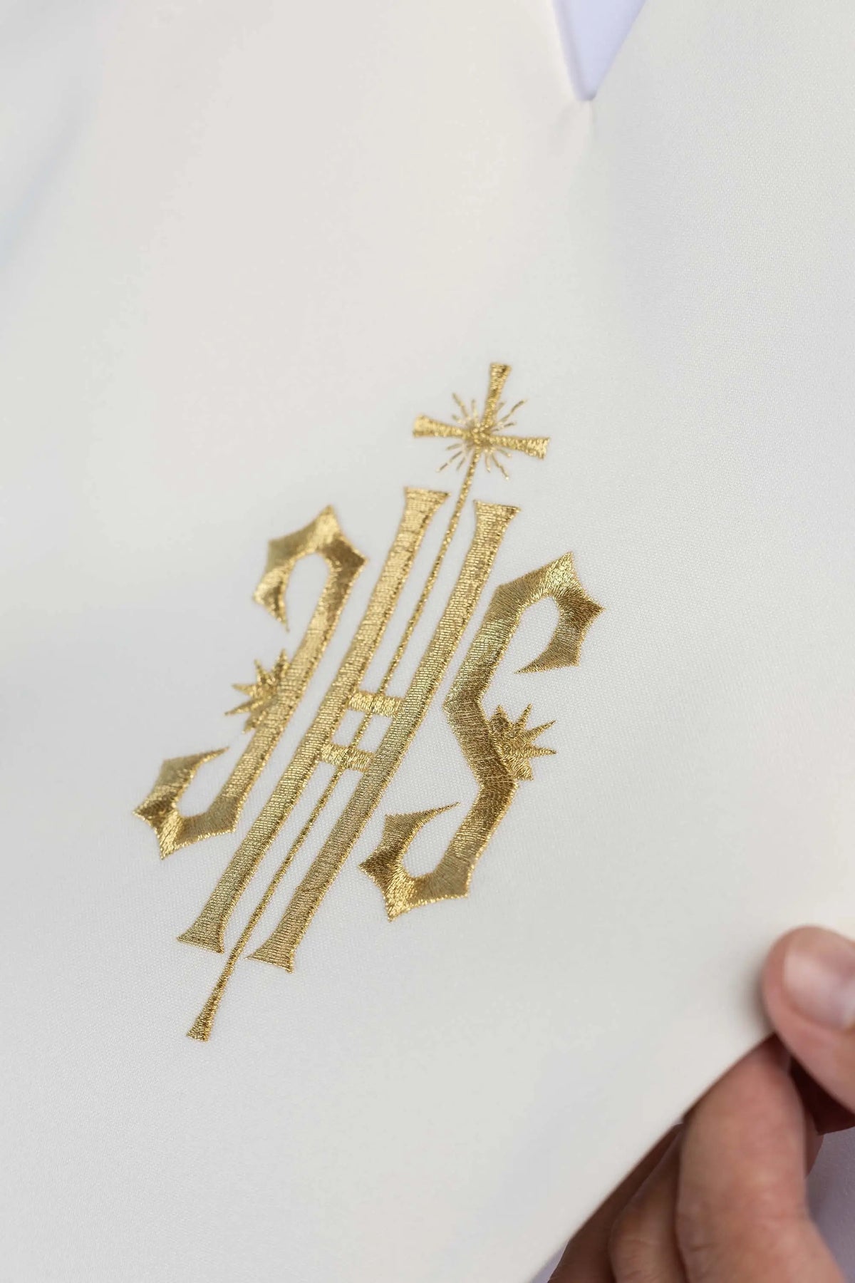 Ecru lector's scapular with IHS Christogram embroidery, close-up view