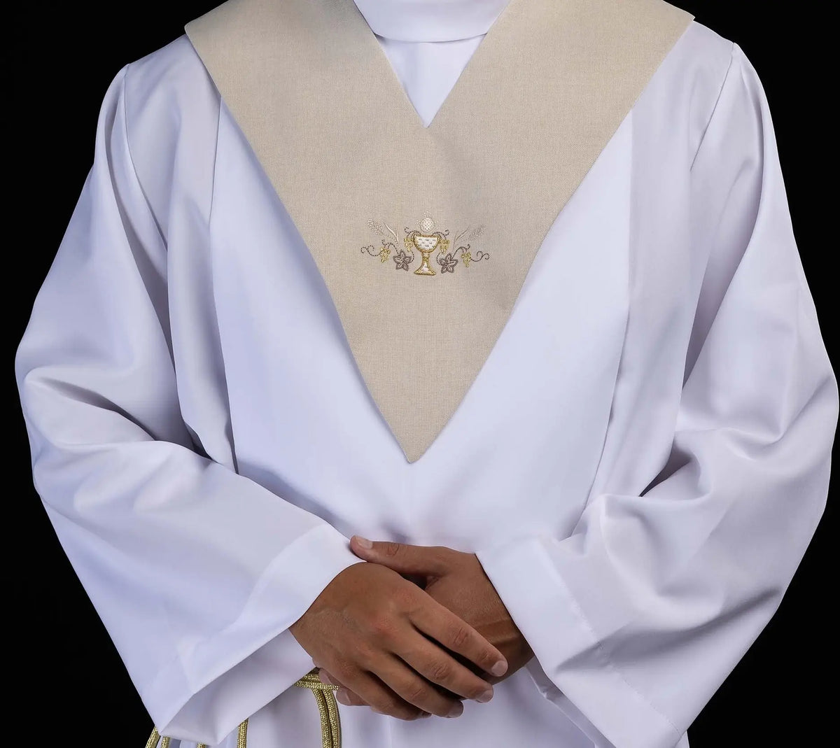 Ecru lector's scapular with Communion chalice embroidery, front close-up