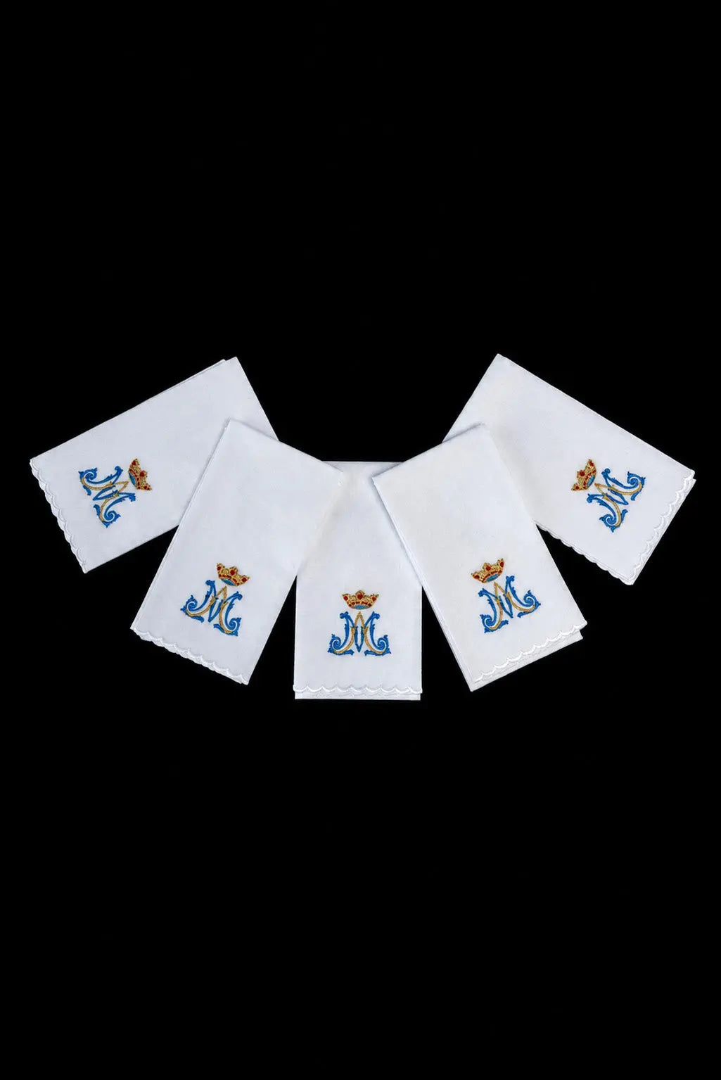 White Set of 5 Purificators with Marian “M” Monogram and Crown, full set view