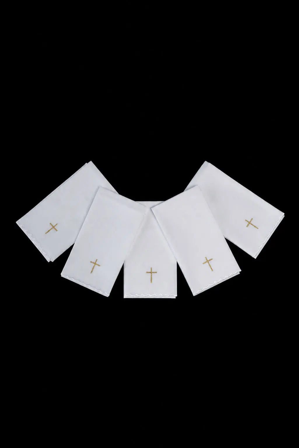 White Set of 5 Purificators with Gold Cross Embroidery, front view