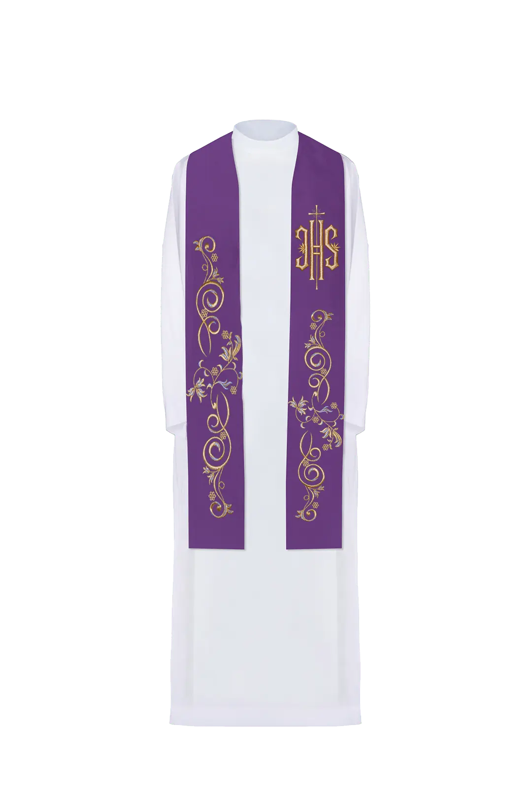 Viola stola sacerdotale con ricamo IHS e motivi floreali, vista frontale