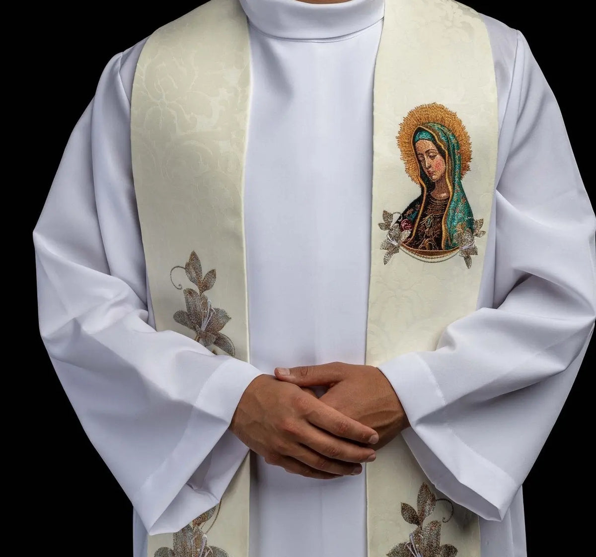 Ecru stole with Our Lady of Guadalupe and floral embroidery, worn front view