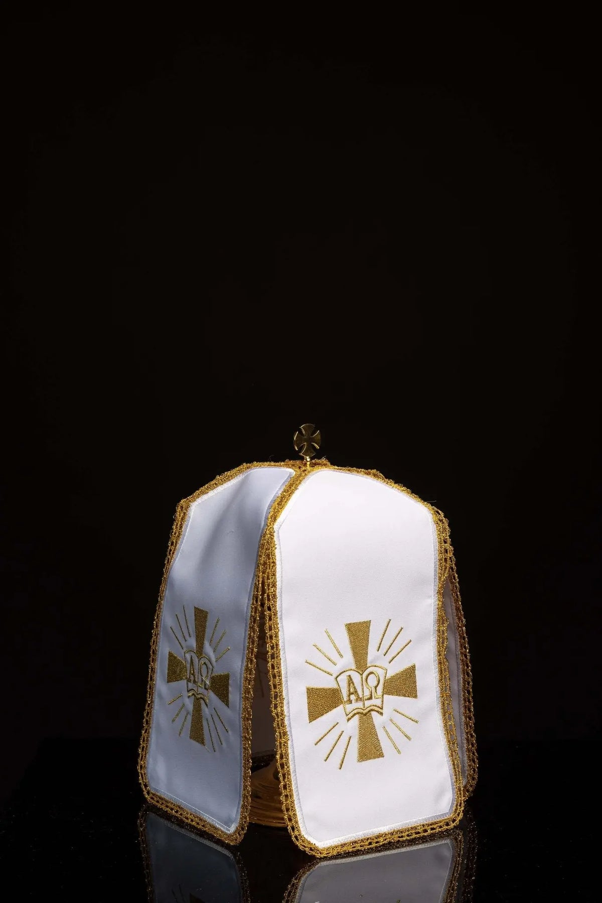White Ciborium Veil with Gold Alpha Omega Embroidery, front view