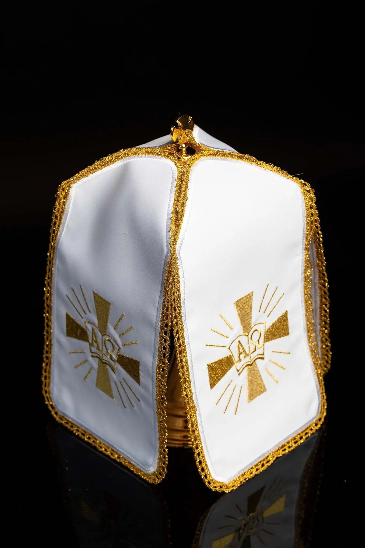 White ciborium veil with gold Alpha Omega embroidery, front and side view