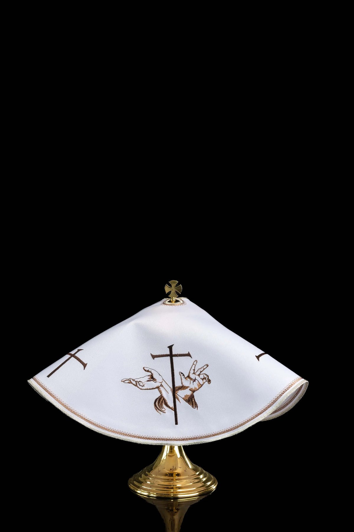White Ciborium Veil with Franciscan Embroidery, front view with brown cross and Franciscan hands