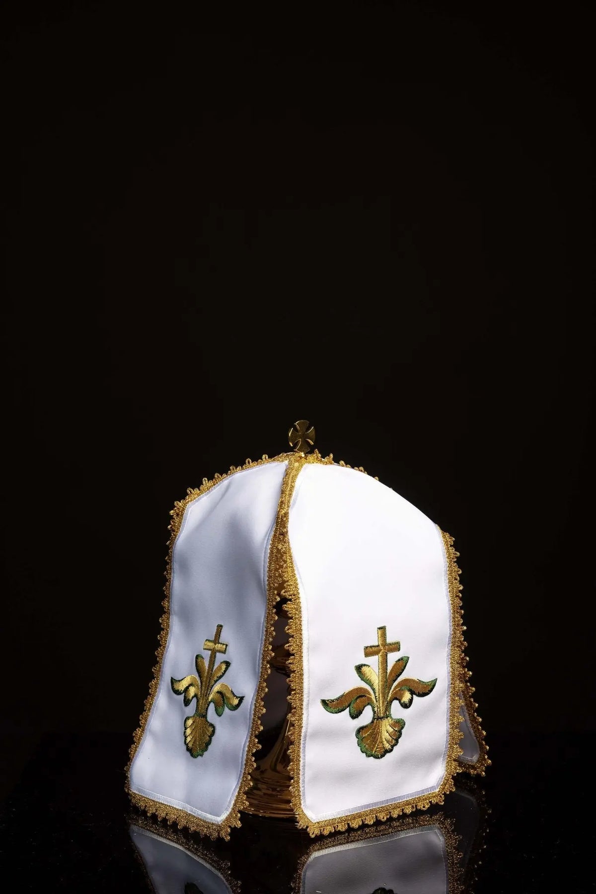 White Ciborium Veil with Embroidered Cross, front view with gold floral cross embroidery
