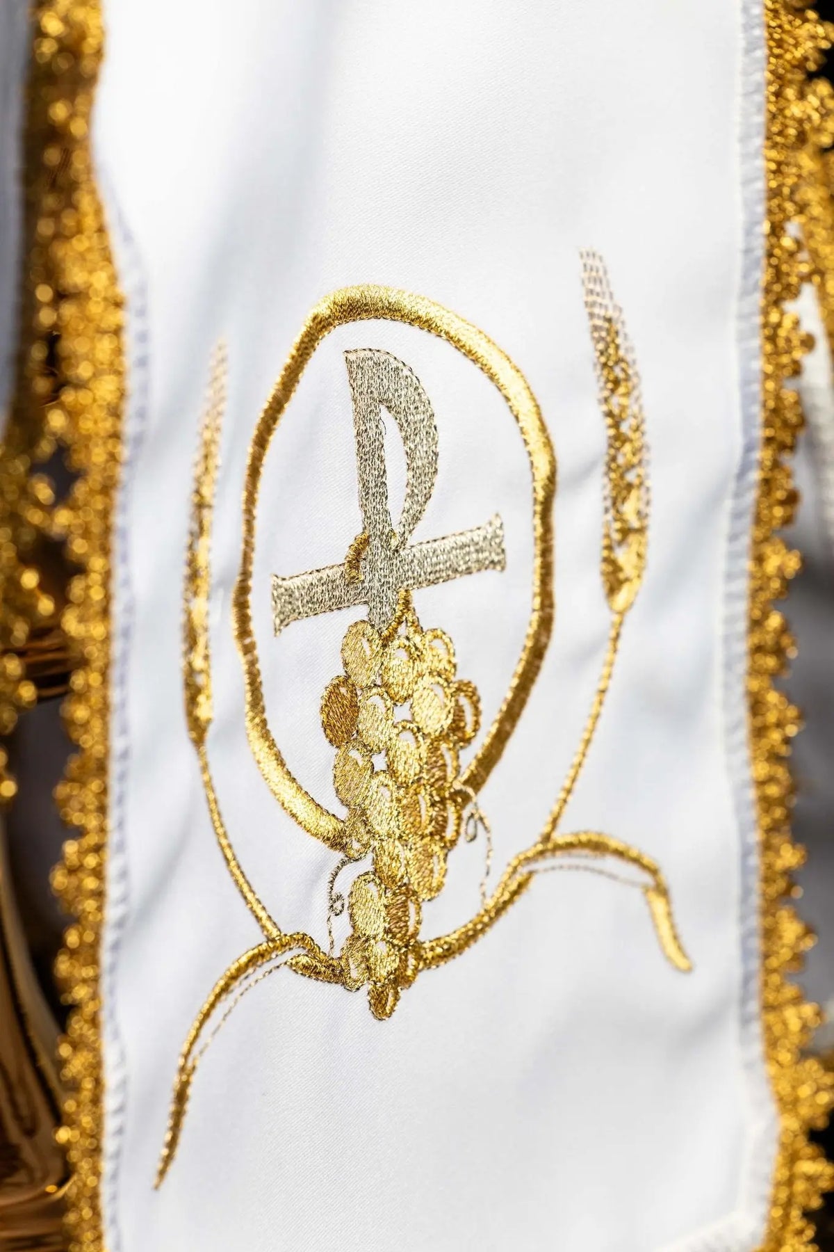 White ciborium veil with PAX and grapes embroidery, detail view