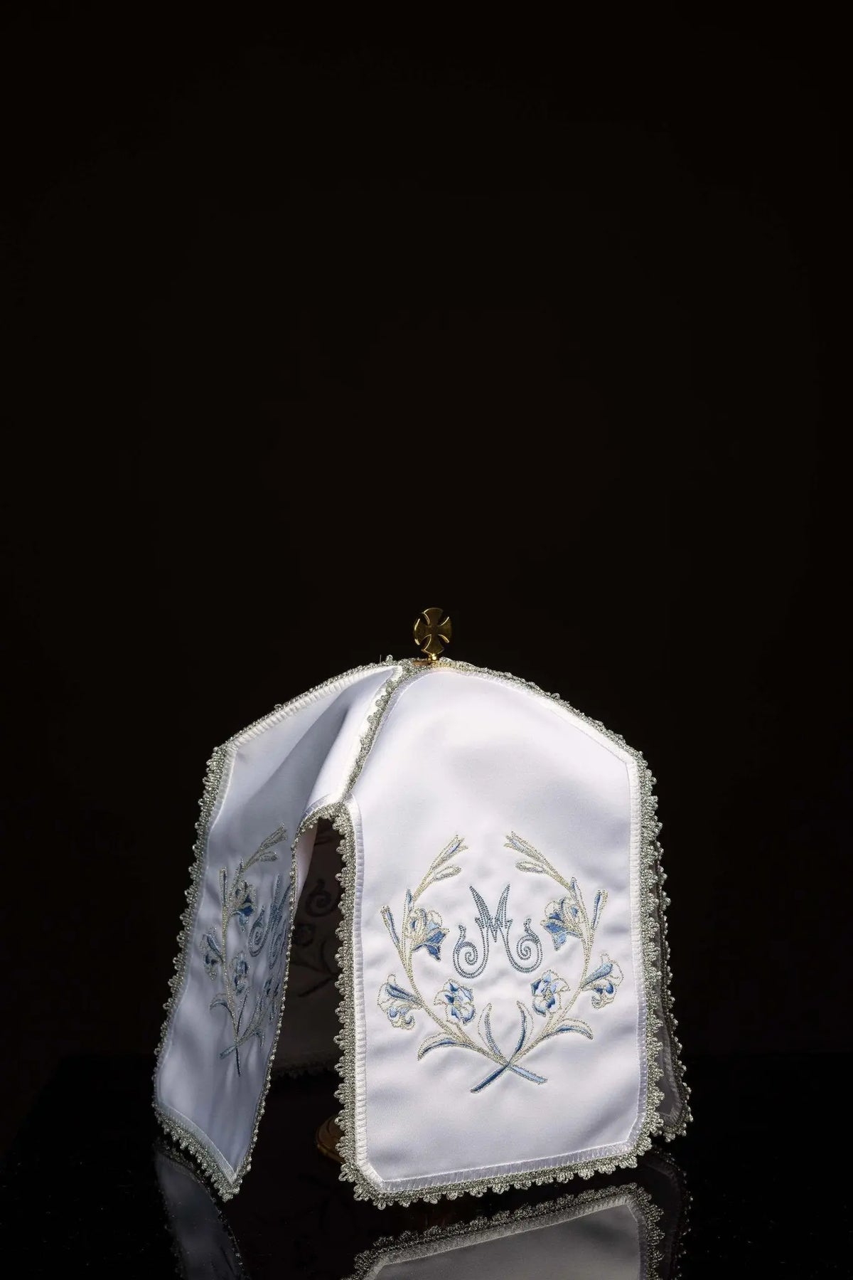 White Ciborium Veil with Silver Marian Embroidery, front view with blue floral embroidery and silver trim