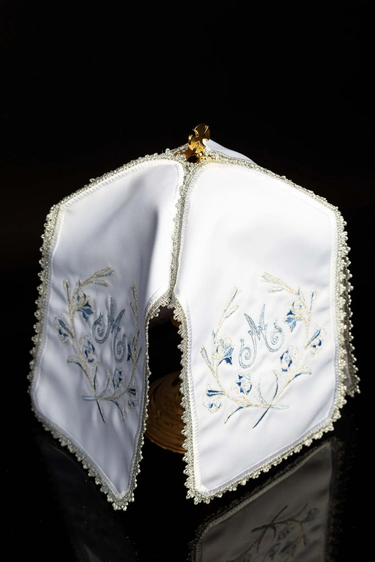 White ciborium veil with silver Marian embroidery, open view showing matching embroidered panels