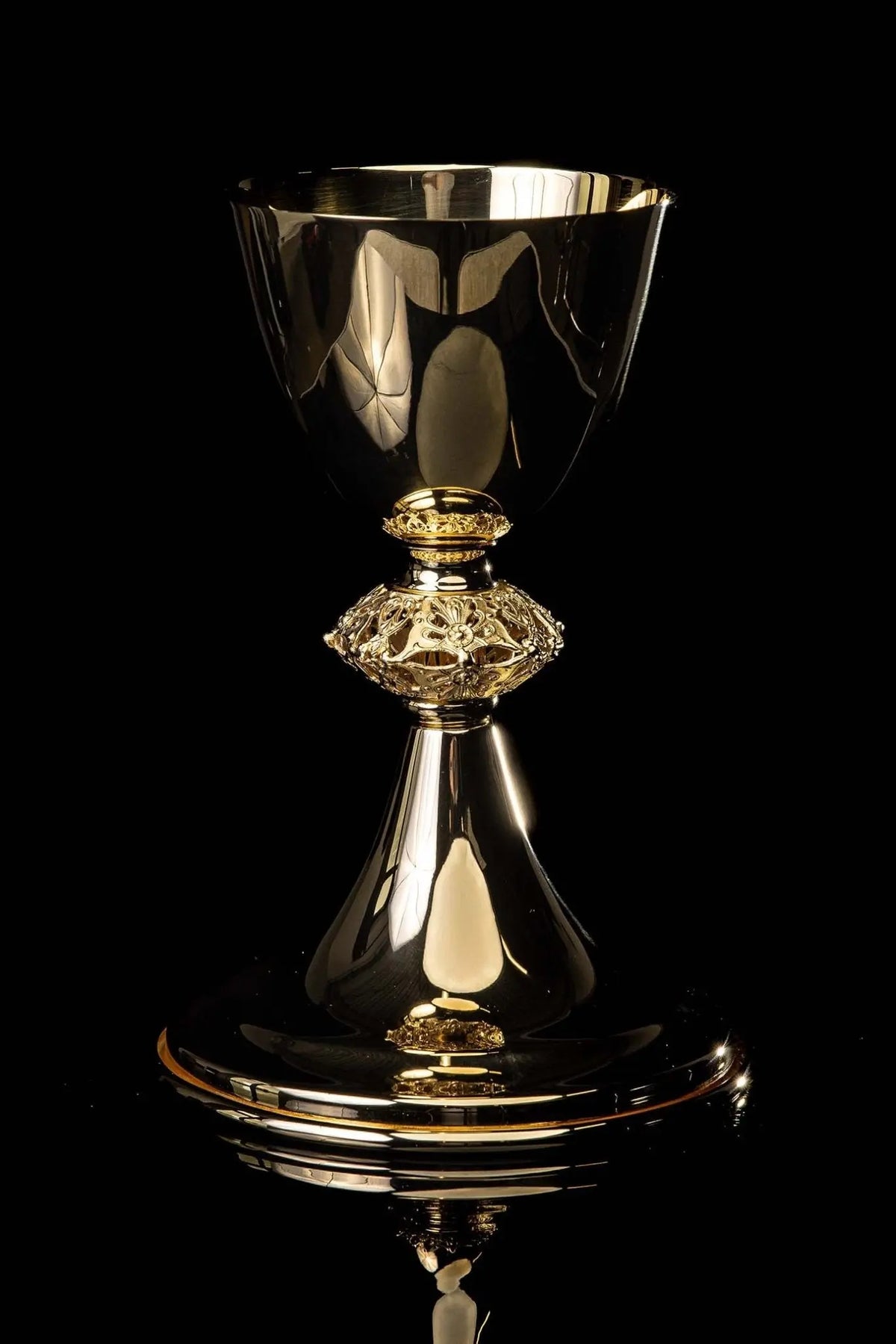 Gold-Plated Brass Chalice with Openwork Floral Ornament, front view