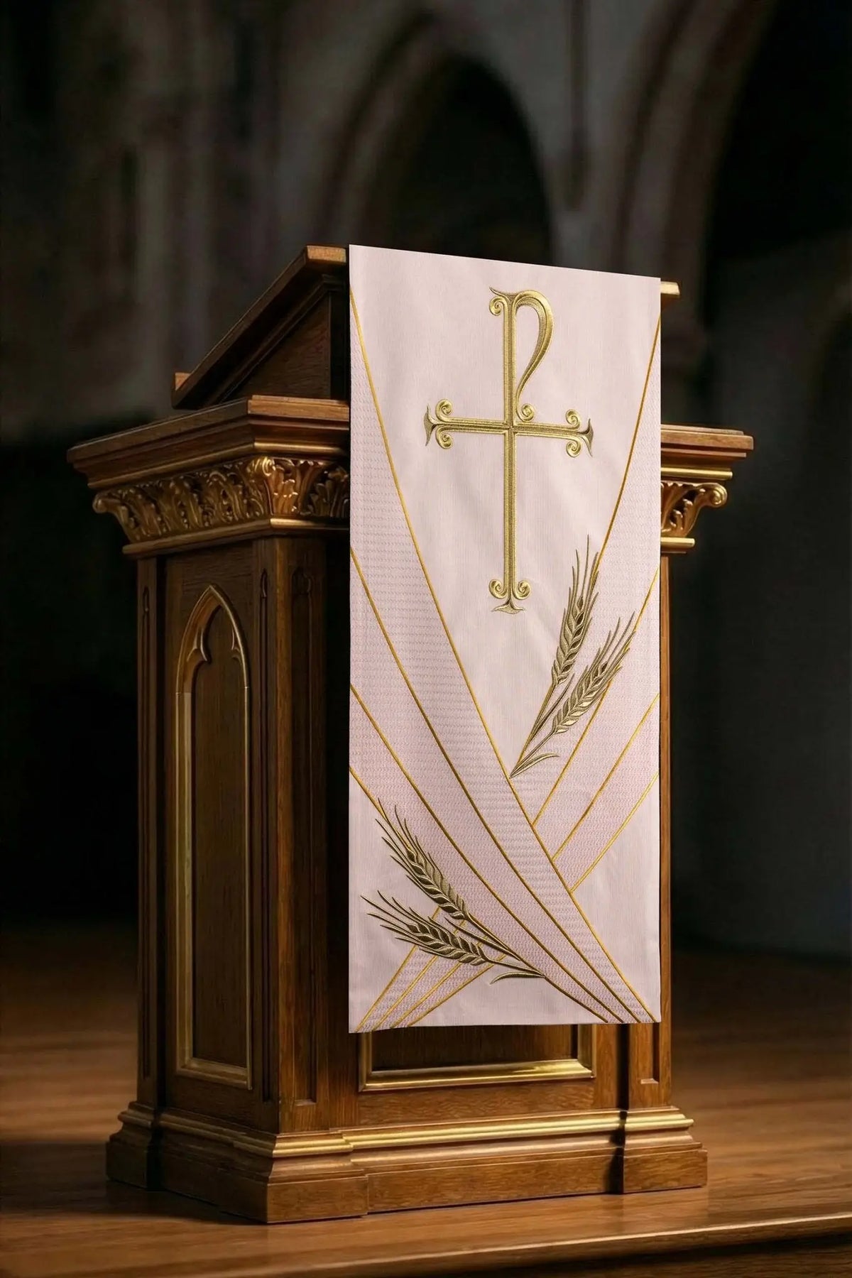 Rose Church Lectern Cover for Gaudete and Laetare with PAX Embroidery, wheat and cross front view