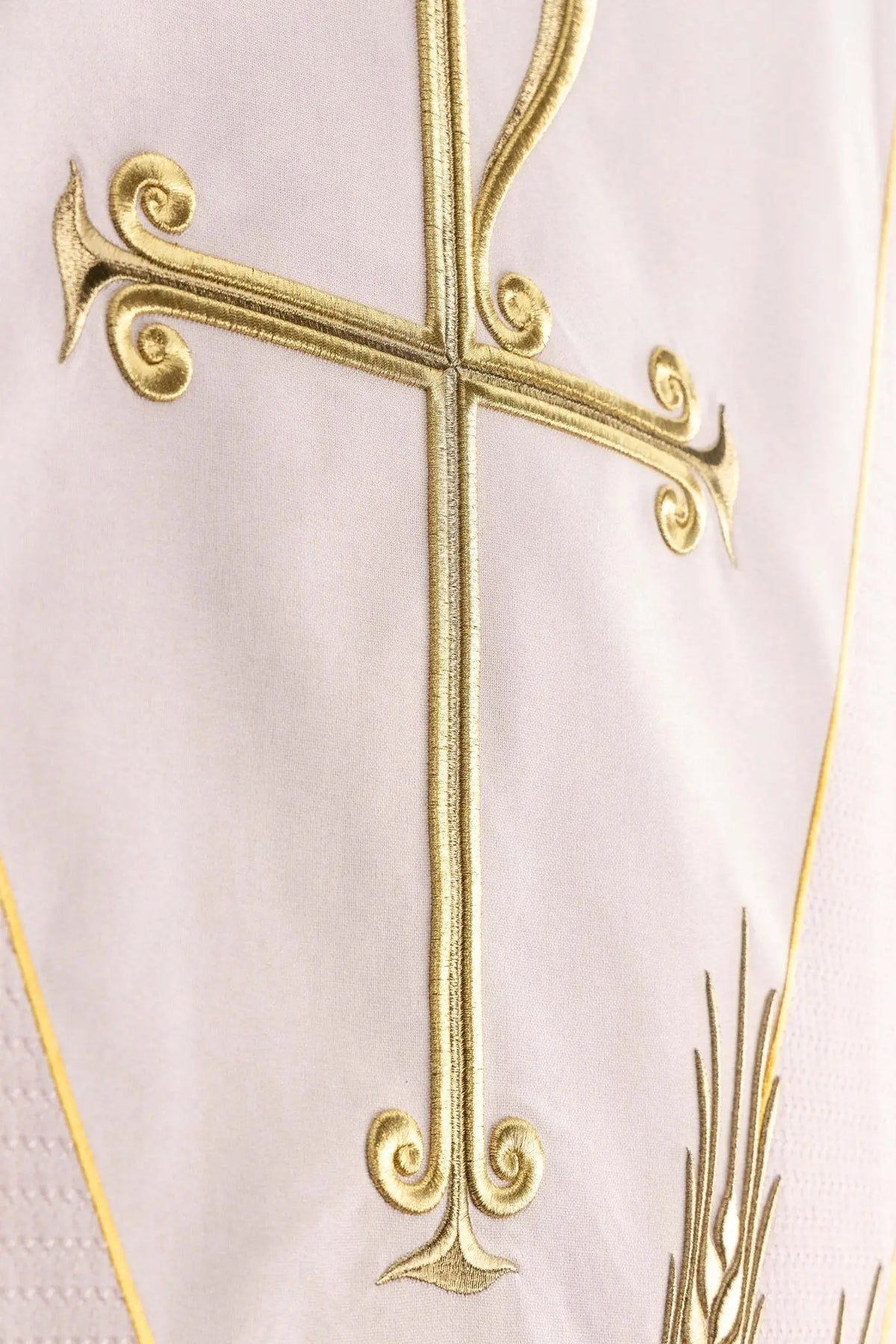 Rose church lectern cover with gold cross embroidery, close-up view