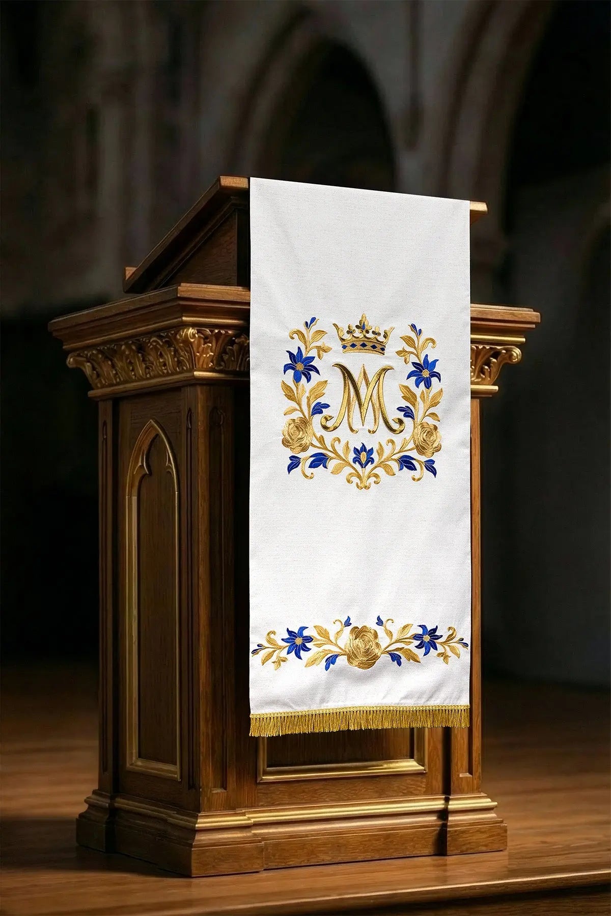 Marian Lectern Cover with Embroidered Crowned Monogram