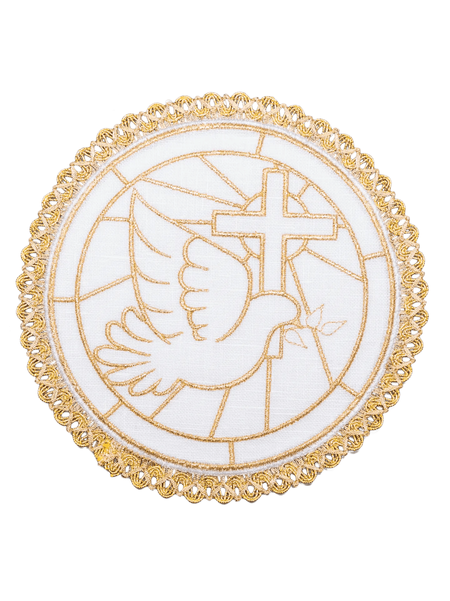 Linen cup set with dove and cross motif with rounded palle