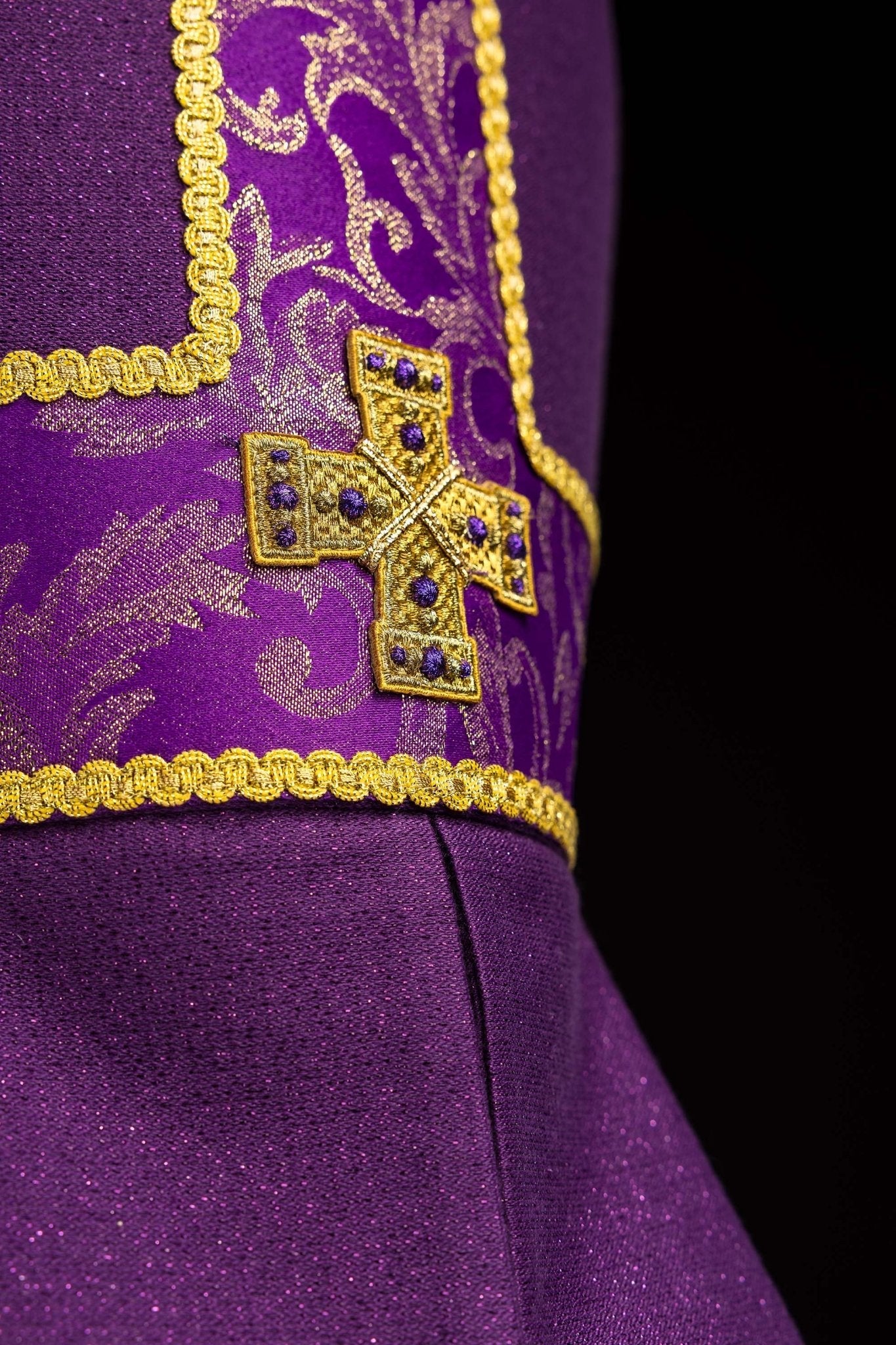 Purple mitre with embroidered cross and jacquard fabric