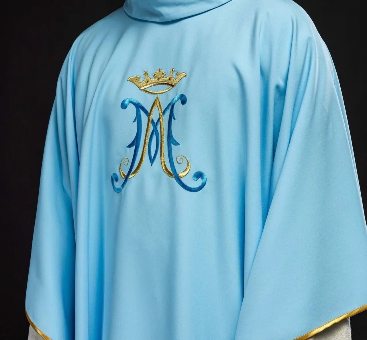 Blue chasuble embroidered with Marian motif