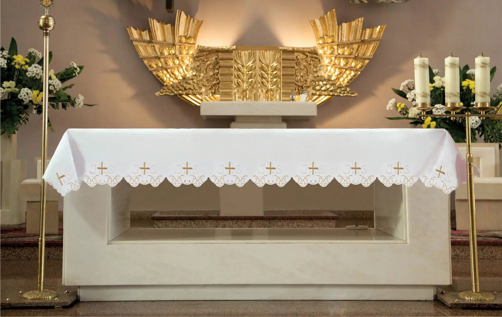 Altar cloth with frontal embroidery of IHS and cross