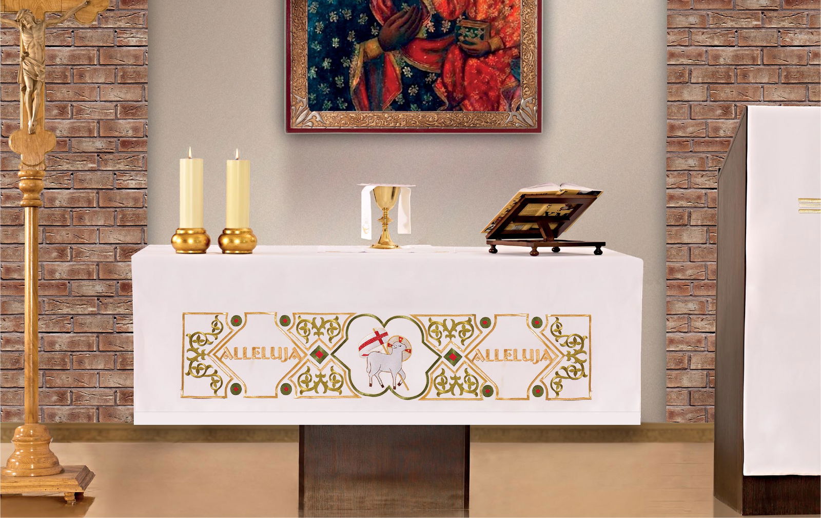 Altar tablecloth with frontal embroidery lambskin pattern