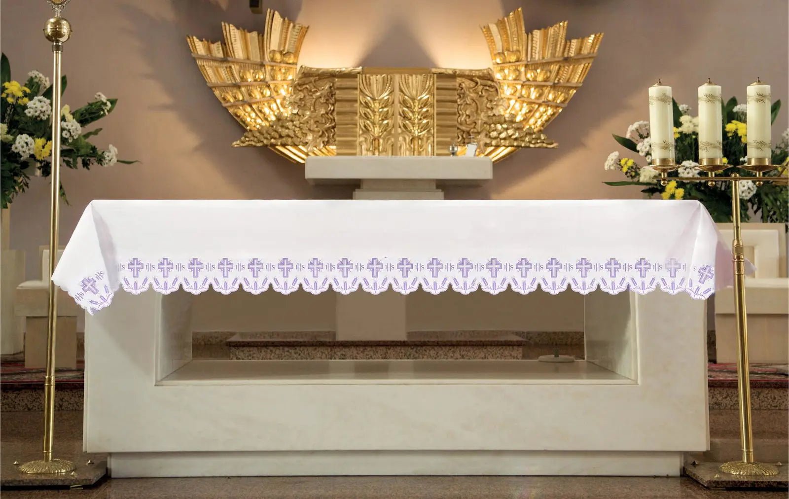 Altar tablecloth with embroidered crosses purple trim