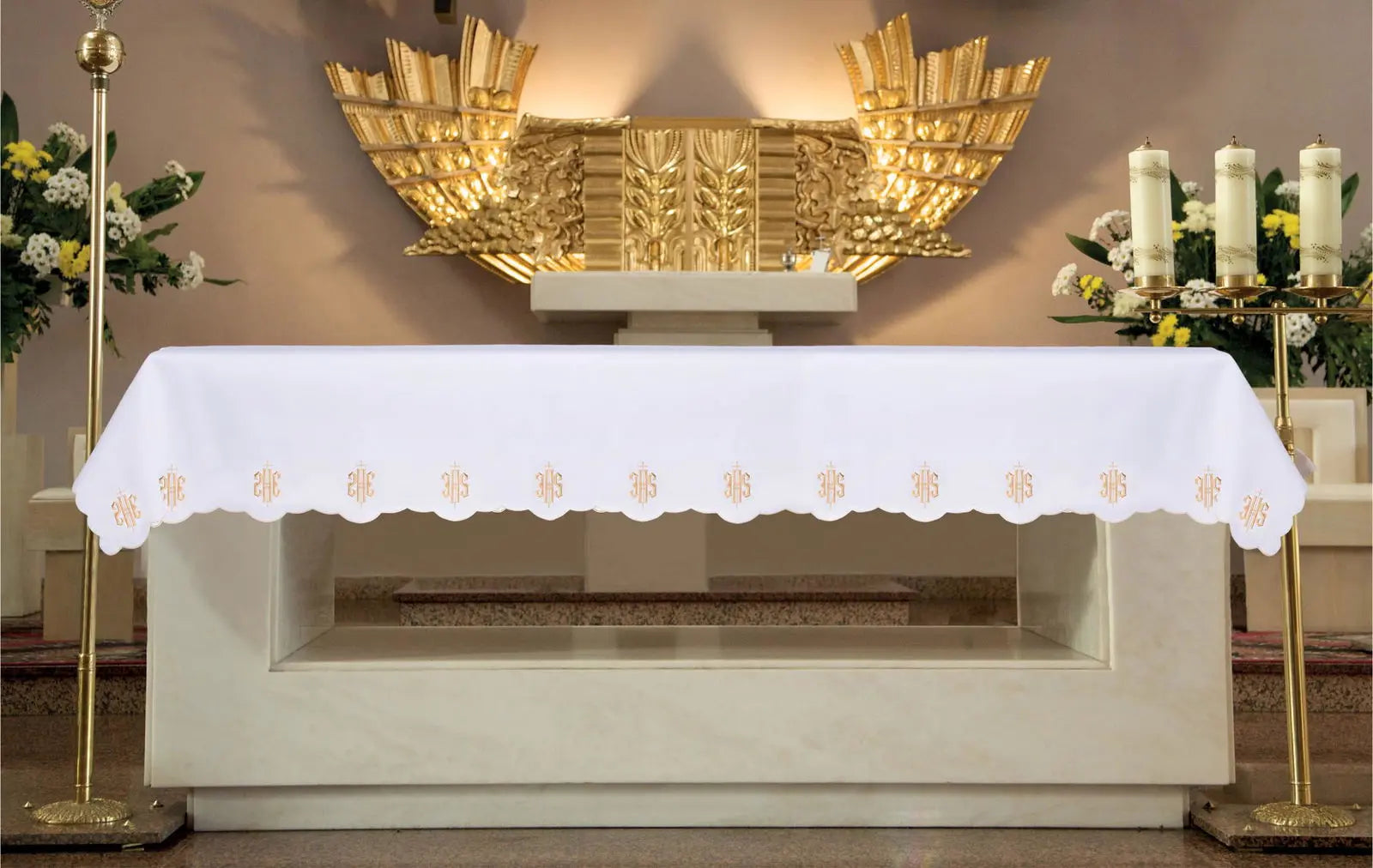 Altar cloth with frontal embroidery in IHS motif