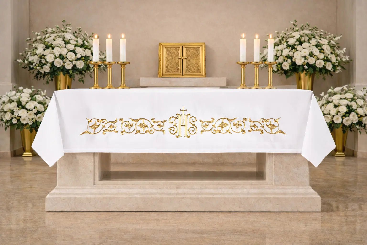 Altar Cloth with Gold Marian Monogram Embroidery