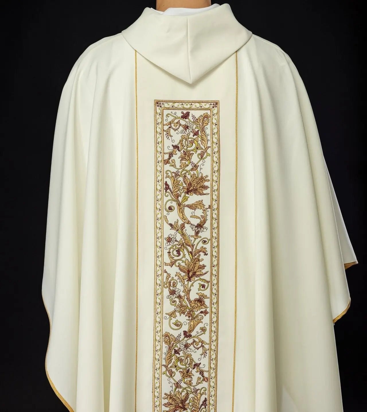 Richly decorated chasuble with IHS motif in ecru colour